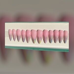 Press On Nails pink with holographic tips set of 24 with application kit